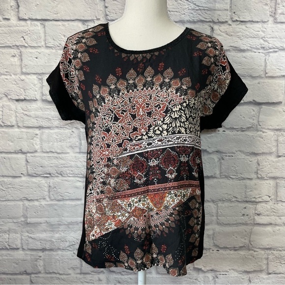 DESIGUAL boho Hindu abstract floral rhinestone front short sleeve top size small - Picture 3 of 11